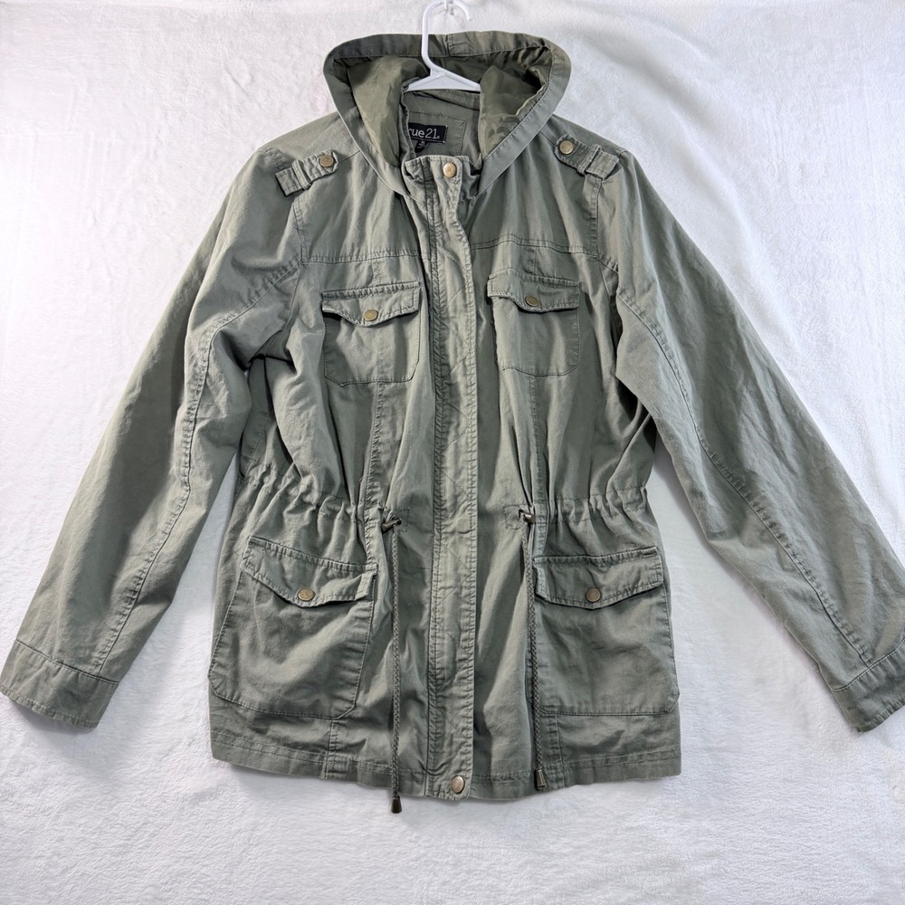 rue21 Utility Jacket Hooded Anorak Olive Green Drawstring Waist XL
